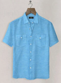 European Blue Linen Western Style Shirt