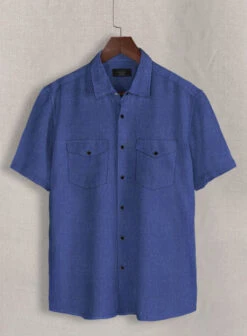 European Cruise Blue Linen Western Style Shirt