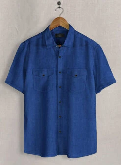 European Sapphire Blue Linen Western Style Shirt