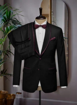 Italian Style Black Wool Tuxedo Suit - Wine Satin Trim II